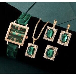 5 Pc Jewelry Set - Watch / Ring / Necklace / Earrings - Gold Tone W/Green Accent